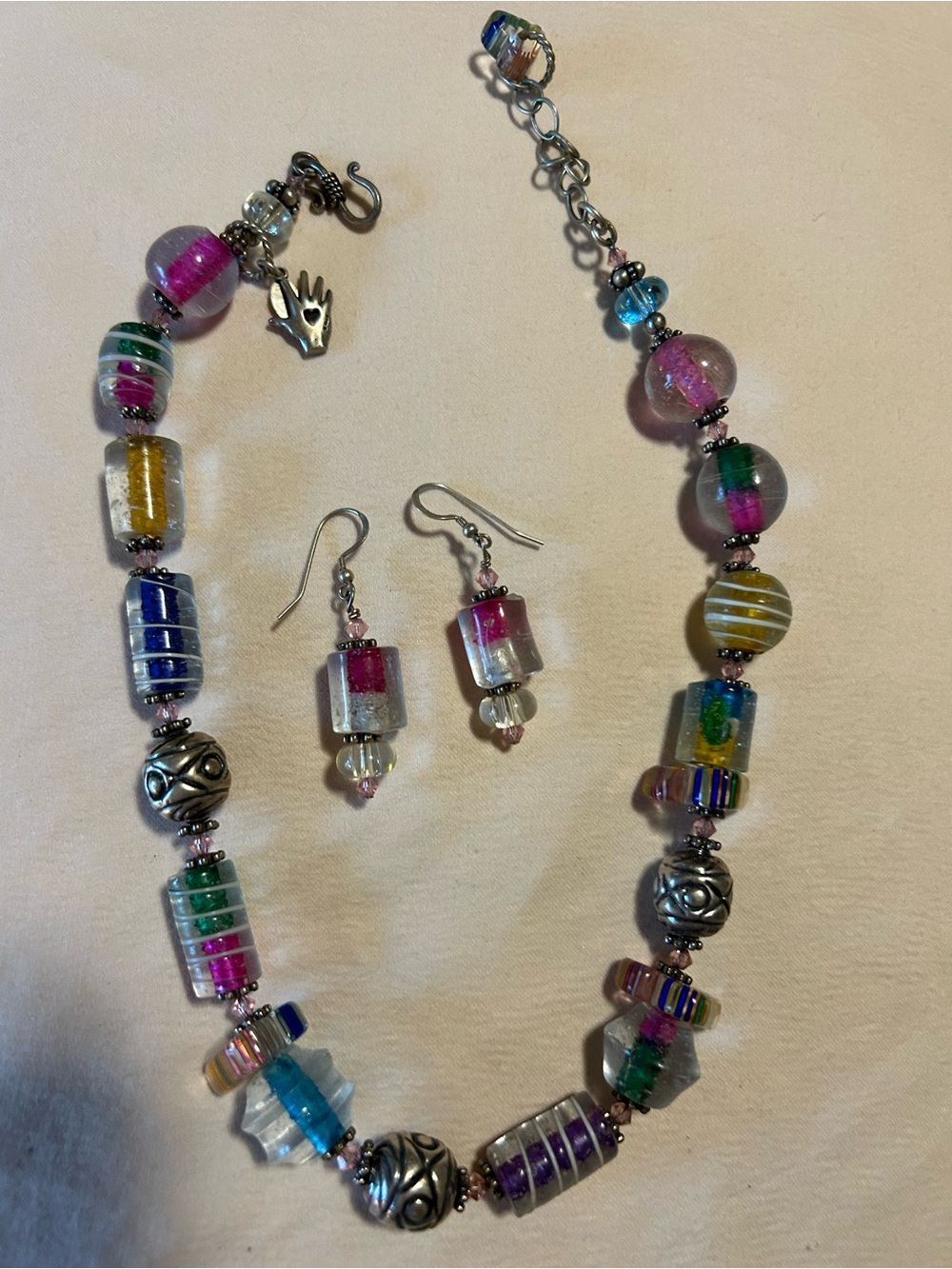 Handcrafted Multicolor Murano-Style Glass Bead Necklace & Earrings Set